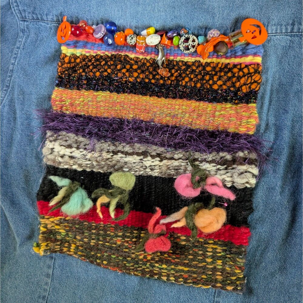 Vintage Needle Felted Upcycled Denim Shirt Women's XL Blue Halloween - Picture 3 of 7